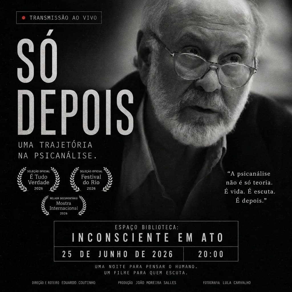 Pôster do evento "Espaço Biblioteca: Inconsciente em Ato" — transmissão ao vivo em 25 de junho de 2026, às 20h.